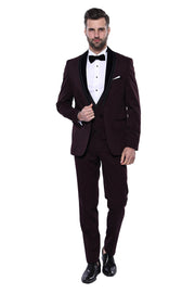 Detachable Velvet Lapel Burgundy Tuxedo | Wessi 3 Piece Suits, 3-piece-suit, 34, 36, 40, 42, 44, 46, 48, Detachable, Detachable Lapel, Double Breasted, Party, Suit, Wedding Suit3 Piece Suits 