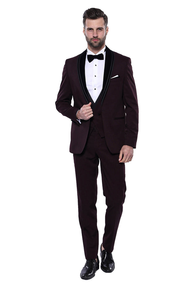 Detachable Velvet Lapel Burgundy Tuxedo | Wessi 3 Piece Suits, 3-piece-suit, 34, 36, 40, 42, 44, 46, 48, Detachable, Detachable Lapel, Double Breasted, Party, Suit, Wedding Suit3 Piece Suits 