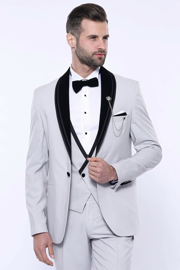 Detachable Velvet Lapel Grey Tuxedo | Wessi 3 Piece Suits, 3 Piece Tuxedo, 3-piece-suit, 40, Detachable, Detachable Lapel, Double Breasted, Grey, Grey Suit, mens-suit_obsolete, Modern Fit, Pa