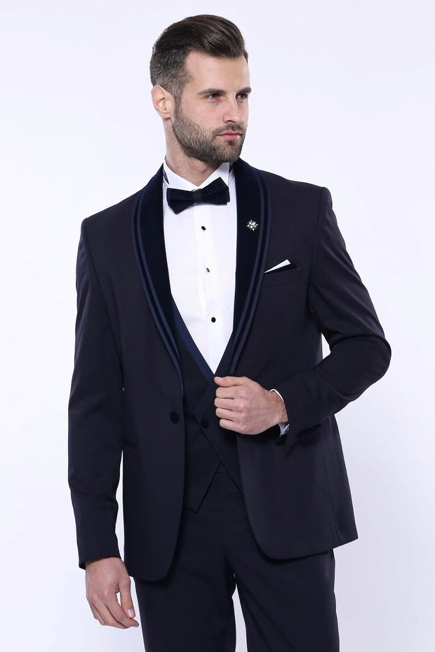 Detachable Velvet Lapel Navy Tuxedo | Wessi 3 Piece Suits, 3-piece-suit, 34, 36, 38, 40, 42, 44, 46, 48, Blue, Detachable, Detachable Lapel, Double Breasted, Modern Fit, Navy, navy-blue, Part