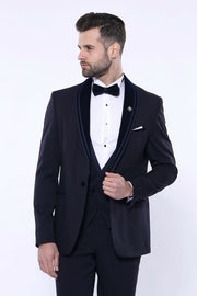 Detachable Velvet Lapel Navy Tuxedo | Wessi 3 Piece Suits, 3-piece-suit, 34, 36, 38, 40, 42, 44, 46, 48, Blue, Detachable, Detachable Lapel, Double Breasted, Modern Fit, Navy, navy-blue, Part