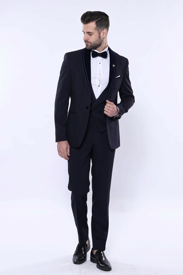 Detachable Velvet Lapel Navy Tuxedo | Wessi 3 Piece Suits, 3-piece-suit, 34, 36, 38, 40, 42, 44, 46, 48, Blue, Detachable, Detachable Lapel, Double Breasted, Modern Fit, Navy, navy-blue, Part