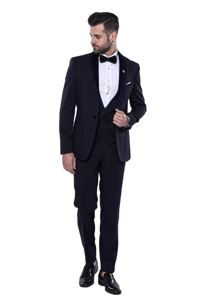 Detachable Velvet Lapel Navy Tuxedo | Wessi 3 Piece Suits, 3-piece-suit, 34, 36, 38, 40, 42, 44, 46, 48, Blue, Detachable, Detachable Lapel, Double Breasted, Modern Fit, Navy, navy-blue, Part