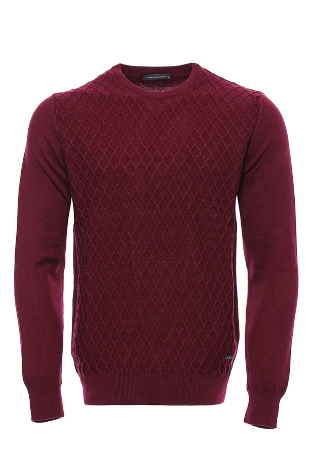 Diamond Pattern Circle Neck Claret Red Sweater 3-piece-suit, Burgundy, Circle Neck, Crew Neck, Crew Neck Sweater, Daily, Knit, Knitwear, L, M, Modern Fit, Patterned, Slim Fit, XL, XXL Knitwea