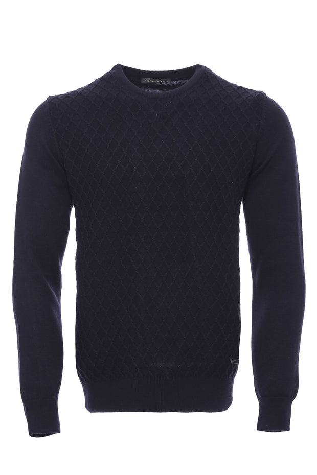 Diamond Pattern Circle Neck Navy Sweater 3-piece-suit, Blue, Circle Neck, Crew Neck, Crew Neck Sweater, Daily, Knit, Knitwear, L, M, Modern Fit, Navy, navy-blue, Patterned, Slim Fit, XL, XXL 