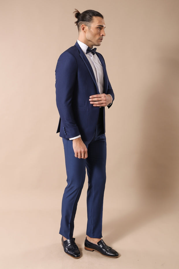 Dot Patterned Dark Blue Tuxedo Suit 3-piece-suit, 34, 36, 38, 40, 44, Blue, Dot Patterned, Modern Fit, Navy, Navy Blue, Party, Slim Fit, Slim Fit Suit, Suit, Wedding OutletTuxedo - wessi