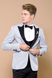 Dot Patterned Grey Vested Tuxedo | Wessi $150 - $200, 3-piece-suit, 34, 36, 38, 40, 42, 44, 46, 6 Drop, Blue, Dot Patterned, Dotted, Italian, Italian Suit, mens-suit_obsolete, Modern Fit, Nav