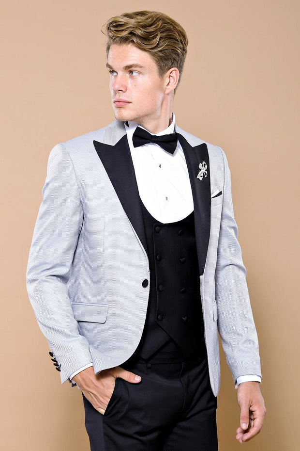 Dot Patterned Grey Vested Tuxedo | Wessi $150 - $200, 3-piece-suit, 34, 36, 38, 40, 42, 44, 46, 6 Drop, Blue, Dot Patterned, Dotted, Italian, Italian Suit, mens-suit_obsolete, Modern Fit, Nav