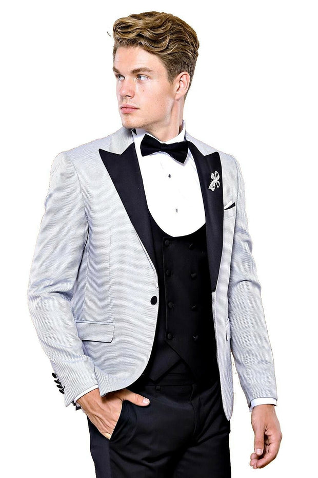 Dot Patterned Grey Vested Tuxedo | Wessi $150 - $200, 3-piece-suit, 34, 36, 38, 40, 42, 44, 46, 6 Drop, Blue, Dot Patterned, Dotted, Italian, Italian Suit, mens-suit_obsolete, Modern Fit, Nav