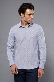 Dot Patterned Long Sleeves Slim-Fit Navy Shirt 3-piece-suit, Blue, Casual, Cuff, Daily, Dot Patterned, Italian, L, Long Sleeve, Modern Fit, Navy, Navy Blue, Patterned, Shirt, Slim Fit, white,