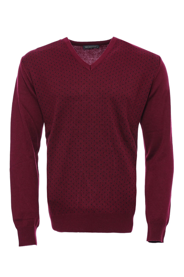 Dot Patterned V Neck Burgundy Sweater 3-piece-suit, Daily, Dot Patterned, Knitwear, L, M, Modern Fit, Patterned, Slim Fit, V Neck, XL KnitwearV Neck - wessi