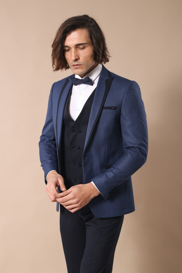 Dot Patterned Vested Blue Tuxedo Suit $50 - $100, 3-piece-suit, 34, 36, 38, 40, 6 Drop, Blue, Dot Patterned, Double Breasted, Italian Suit, Modern Fit, Navy, Navy Blue, Party, Peak, Peak Lape