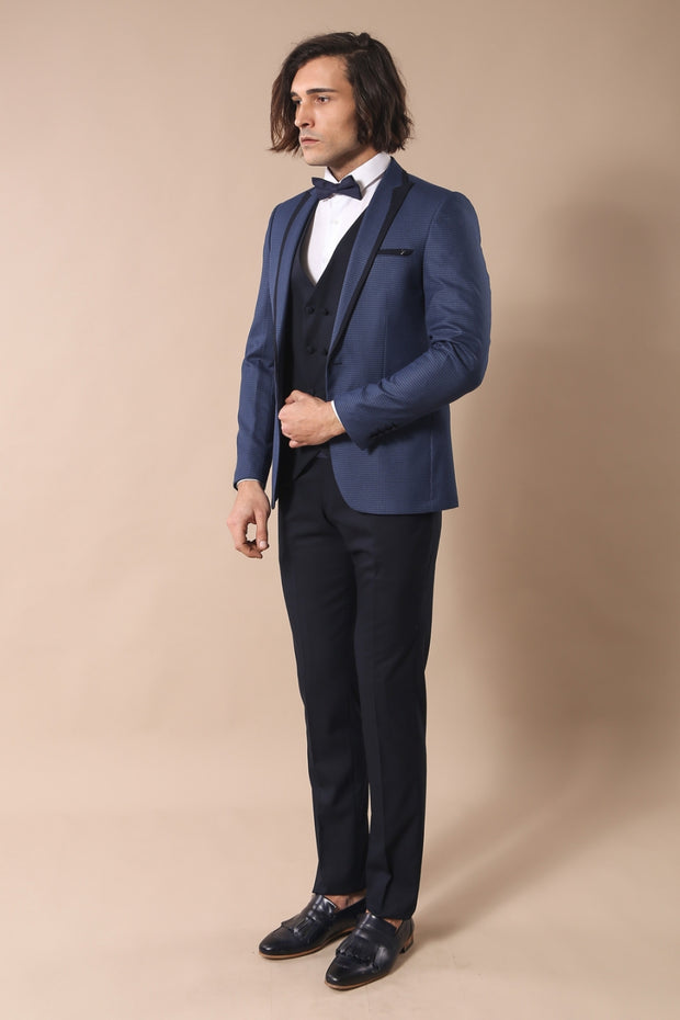 Dot Patterned Vested Blue Tuxedo Suit $50 - $100, 3-piece-suit, 34, 36, 38, 40, 6 Drop, Blue, Dot Patterned, Double Breasted, Italian Suit, Modern Fit, Navy, Navy Blue, Party, Peak, Peak Lape