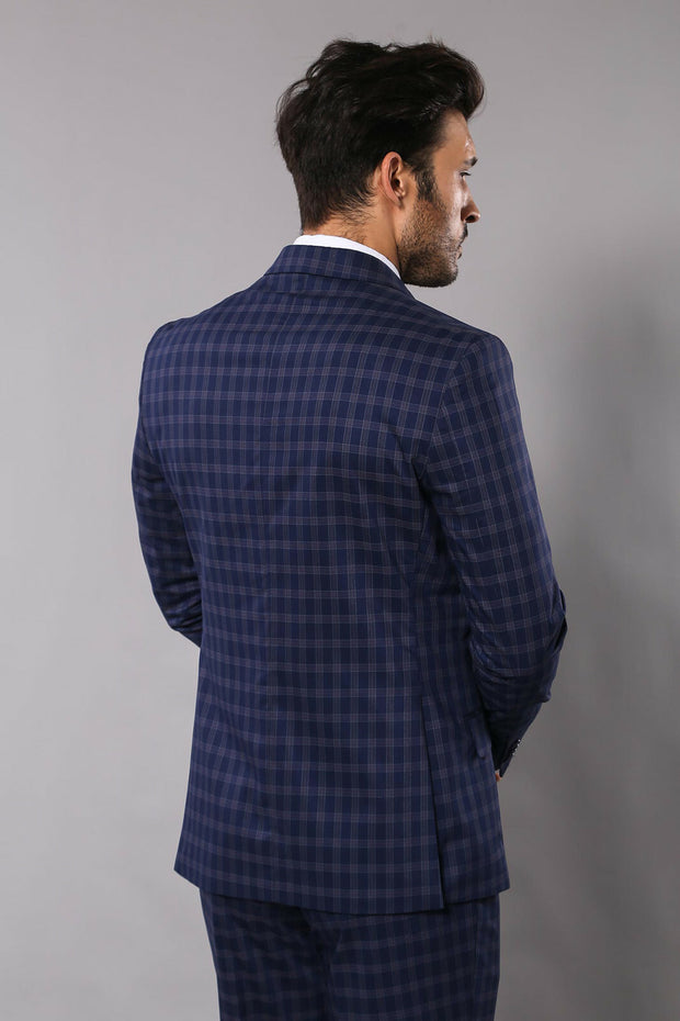 Double Breasted Checked Blue Suit | Wessi 3-piece-suit, 42, Blue, Checked, Double Breasted, Double Breasted Suit, Modern Fit, Navy, navy-blue, Peak, Peak Lapel, Plaid, Slim Fit, Suit SuitDoub