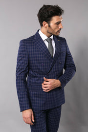 Double Breasted Checked Blue Suit | Wessi 3-piece-suit, 42, Blue, Checked, Double Breasted, Double Breasted Suit, Modern Fit, Navy, navy-blue, Peak, Peak Lapel, Plaid, Slim Fit, Suit SuitDoub