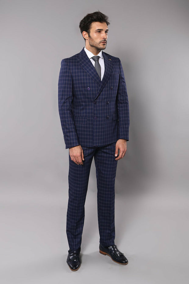 Double Breasted Checked Blue Suit | Wessi 3-piece-suit, 42, Blue, Checked, Double Breasted, Double Breasted Suit, Modern Fit, Navy, navy-blue, Peak, Peak Lapel, Plaid, Slim Fit, Suit SuitDoub