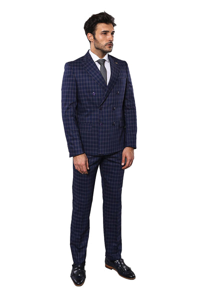 Double Breasted Checked Blue Suit | Wessi 3-piece-suit, 42, Blue, Checked, Double Breasted, Double Breasted Suit, Modern Fit, Navy, navy-blue, Peak, Peak Lapel, Plaid, Slim Fit, Suit SuitDoub