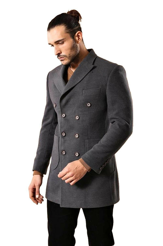 Double-Breasted Fume Coat $100 - $150, 36, 38, 40, 42, 44, 46, 6 Drop, Buttoned, Casual, Coat, Daily, Dark Grey, Double Breasted, Grey, Long Coat, Modern Fit, Outwear, Peak, Peak Lapel, Plain