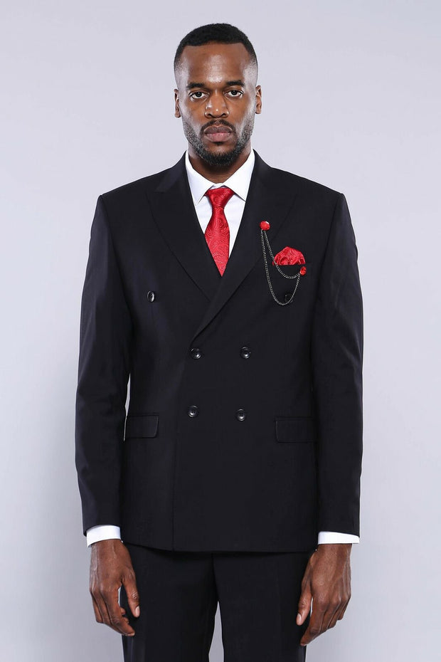 Double Breasted Slim Fit Black Suit 3-piece-suit, 34, 36, 38, 40, 42, 44, 46, 48, Black, Double Breasted, Double Breasted Suit, mens-suit, mens-suit_obsolete, Modern Fit, Slim Fit, Suit SuitD