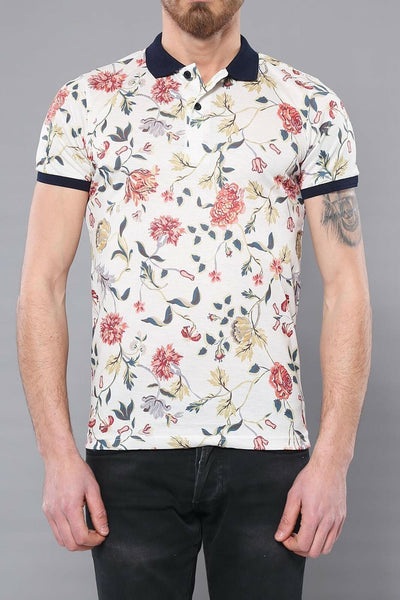 Flower Patterned Cream Polo T-Shirt 3-piece-suit, Collection, Daily, Erkek Giyim Kombin, Floral, Knit, L, M, Modern Fit, Patterned, Polo, S, Slim Fit, Sport, XL OutletT-shirt - wessi