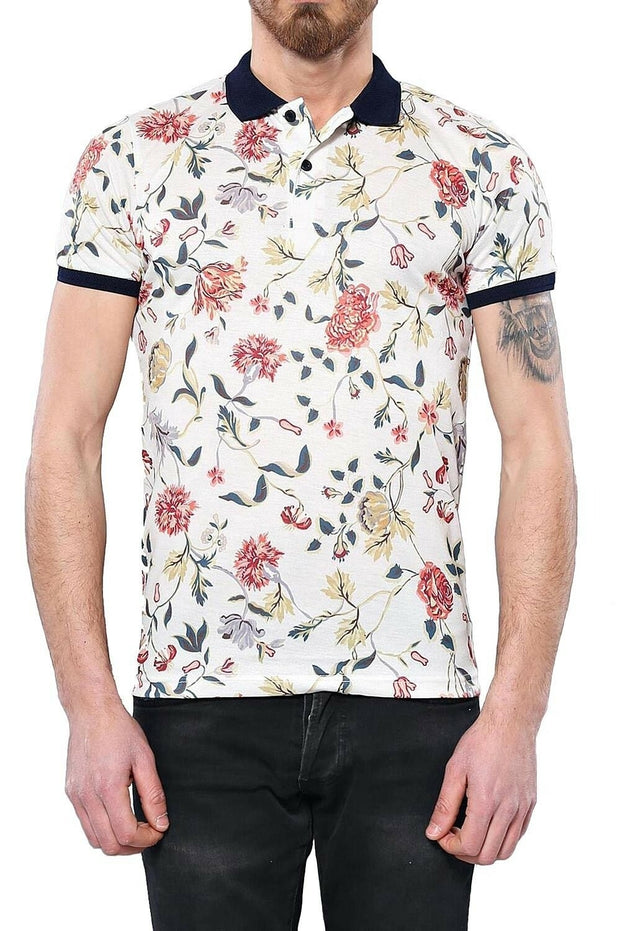 Flower Patterned Cream Polo T-Shirt 3-piece-suit, Collection, Daily, Erkek Giyim Kombin, Floral, Knit, L, M, Modern Fit, Patterned, Polo, S, Slim Fit, Sport, XL OutletT-shirt - wessi