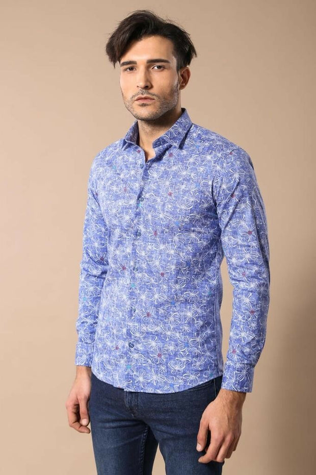 Flowered Pattern Ice Blue Slimfit Shirt 3-piece-suit, Floral Shirt, Modern Fit, Shirt, Slim Fit ShirtFloral Shirt - wessi