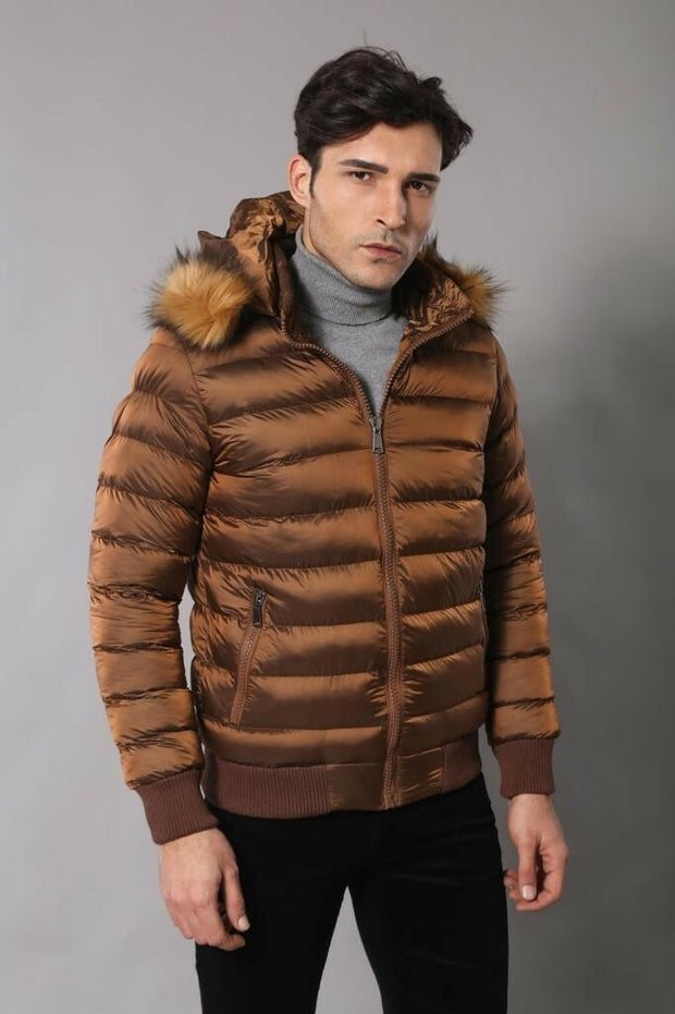 Fur Hooded Men's Puffer Coat in Tan | Wessi 3-piece-suit, 36, 38, 6 Drop, Hooded, Italian Suit, Jackets, Modern Fit, Outwear, Puffer Coats, Quilted, Slim Fit, Slim Fit Suit, Slimfit, tan Outw