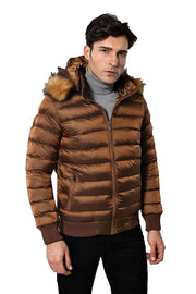 Fur Hooded Men's Puffer Coat in Tan | Wessi 3-piece-suit, 36, 38, 6 Drop, Hooded, Italian Suit, Jackets, Modern Fit, Outwear, Puffer Coats, Quilted, Slim Fit, Slim Fit Suit, Slimfit, tan Outw