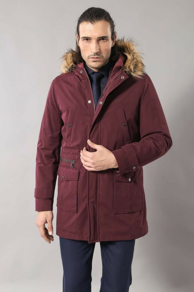 Fur Hooded Parka Burgundy Coat 3-piece-suit, 36, 38, 40, 42, 44, 46, Coat, Kaban, Modern Fit, Outwear, Slim Fit OutwearCoatKaban - wessi