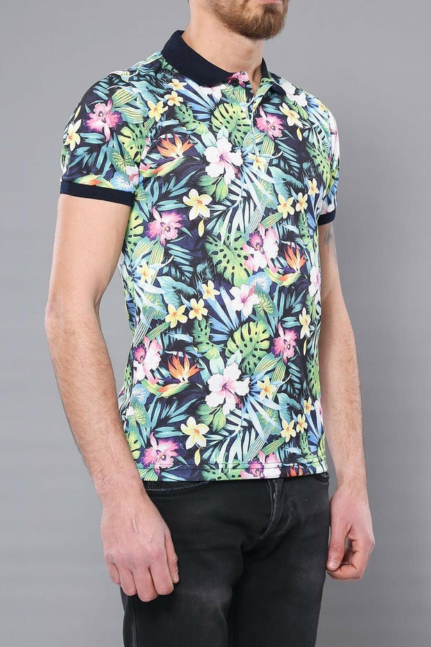 Green Floral Patterned Polo T-Shirt 3-piece-suit, Collection, Daily, Erkek Giyim Kombin, Floral, Knit, L, M, Modern Fit, Patterned, Polo, S, Slim Fit, Sport, XL OutletT-shirt - wessi