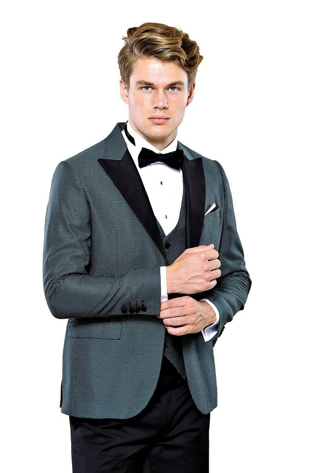 Green Removable Lapel Tuxedo | Wessi 3-piece-suit, 36, 38, 40, 42, 44, 46, Dot Patterned, mens-suit_obsolete, Modern Fit, Party, Peak, Peak Lapel, Slim Fit, Slim Fit Suit, Suit, Wedding SuitS