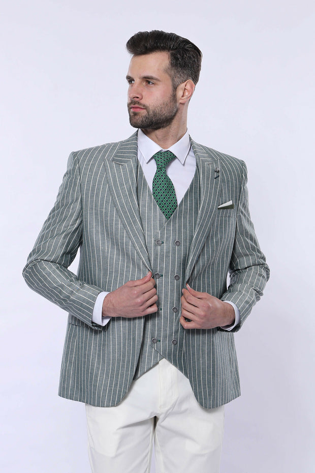 Green Striped Suit 3-piece-suit, 34, 36, 38, 40, 44, 46, Double Breasted, Modern Fit, Peak, Peak Lapel, Slim Fit, Striped Suit, Suit OutletSuit - wessi