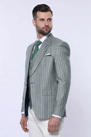 Green Striped Suit 3-piece-suit, 34, 36, 38, 40, 44, 46, Double Breasted, Modern Fit, Peak, Peak Lapel, Slim Fit, Striped Suit, Suit OutletSuit - wessi