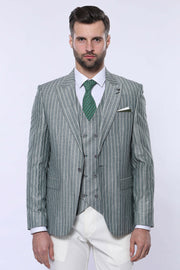 Green Striped Suit 3-piece-suit, 34, 36, 38, 40, 44, 46, Double Breasted, Modern Fit, Peak, Peak Lapel, Slim Fit, Striped Suit, Suit OutletSuit - wessi