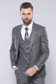 Grey Vested Checked Suit | Wessi 3 Piece Suits, 3-piece-suit, 34, 36, 38, 40, 42, 44, 46, 48, Checked, mens-suit, mens-suit_obsolete, Modern Fit, Peak, Peak Lapel, Plaid, Slim Fit, Suit Suit3