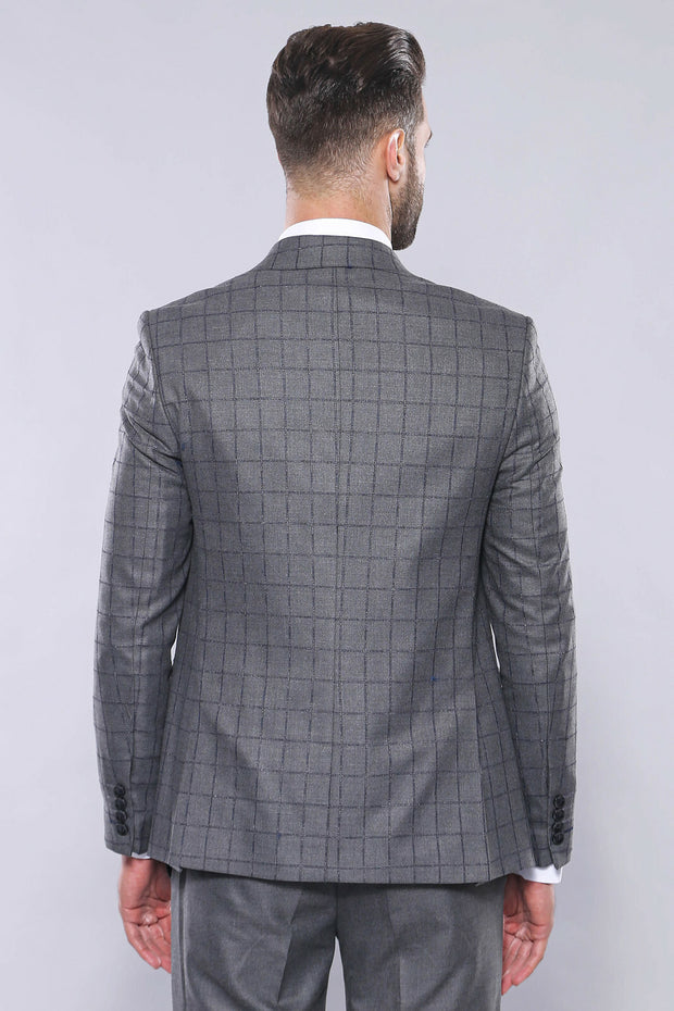 Grey Vested Checked Suit | Wessi 3 Piece Suits, 3-piece-suit, 34, 36, 38, 40, 42, 44, 46, 48, Checked, mens-suit, mens-suit_obsolete, Modern Fit, Peak, Peak Lapel, Plaid, Slim Fit, Suit Suit3