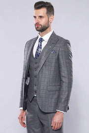 Grey Vested Checked Suit | Wessi 3 Piece Suits, 3-piece-suit, 34, 36, 38, 40, 42, 44, 46, 48, Checked, mens-suit, mens-suit_obsolete, Modern Fit, Peak, Peak Lapel, Plaid, Slim Fit, Suit Suit3