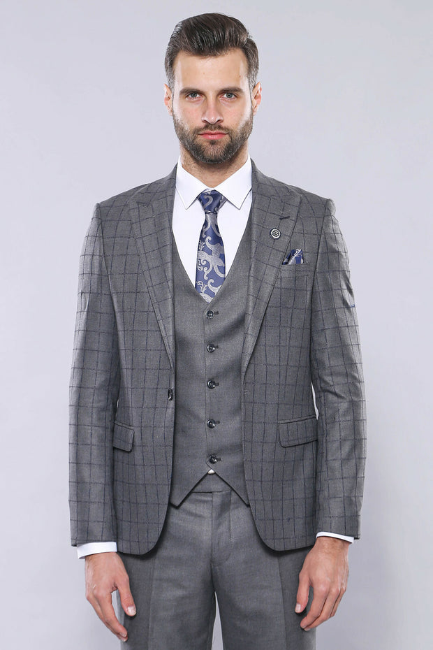 Grey Vested Checked Suit | Wessi 3 Piece Suits, 3-piece-suit, 34, 36, 38, 40, 42, 44, 46, 48, Checked, mens-suit, mens-suit_obsolete, Modern Fit, Peak, Peak Lapel, Plaid, Slim Fit, Suit Suit3