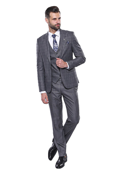 Grey Vested Checked Suit | Wessi 3 Piece Suits, 3-piece-suit, 34, 36, 38, 40, 42, 44, 46, 48, Checked, mens-suit, mens-suit_obsolete, Modern Fit, Peak, Peak Lapel, Plaid, Slim Fit, Suit Suit3