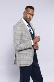 Grey Blazer Navy Vest Combined Suit | Wessi 3 Piece Suits, 3-piece-suit, 42, Blue, Checked, Classic Blazer, Combined Suit, mens-suit, mens-suit_obsolete, Navy, Navy Blue, Peak, Peak Lapel, Pl