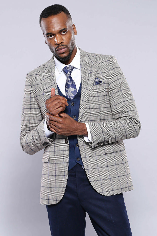 Grey Blazer Navy Vest Combined Suit | Wessi 3 Piece Suits, 3-piece-suit, 42, Blue, Checked, Classic Blazer, Combined Suit, mens-suit, mens-suit_obsolete, Navy, Navy Blue, Peak, Peak Lapel, Pl