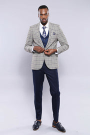 Grey Blazer Navy Vest Combined Suit | Wessi 3 Piece Suits, 3-piece-suit, 42, Blue, Checked, Classic Blazer, Combined Suit, mens-suit, mens-suit_obsolete, Navy, Navy Blue, Peak, Peak Lapel, Pl