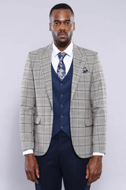 Grey Blazer Navy Vest Combined Suit | Wessi 3 Piece Suits, 3-piece-suit, 42, Blue, Checked, Classic Blazer, Combined Suit, mens-suit, mens-suit_obsolete, Navy, Navy Blue, Peak, Peak Lapel, Pl