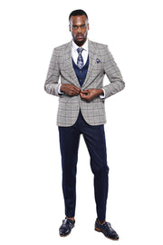 Grey Blazer Navy Vest Combined Suit | Wessi 3 Piece Suits, 3-piece-suit, 42, Blue, Checked, Classic Blazer, Combined Suit, mens-suit, mens-suit_obsolete, Navy, Navy Blue, Peak, Peak Lapel, Pl