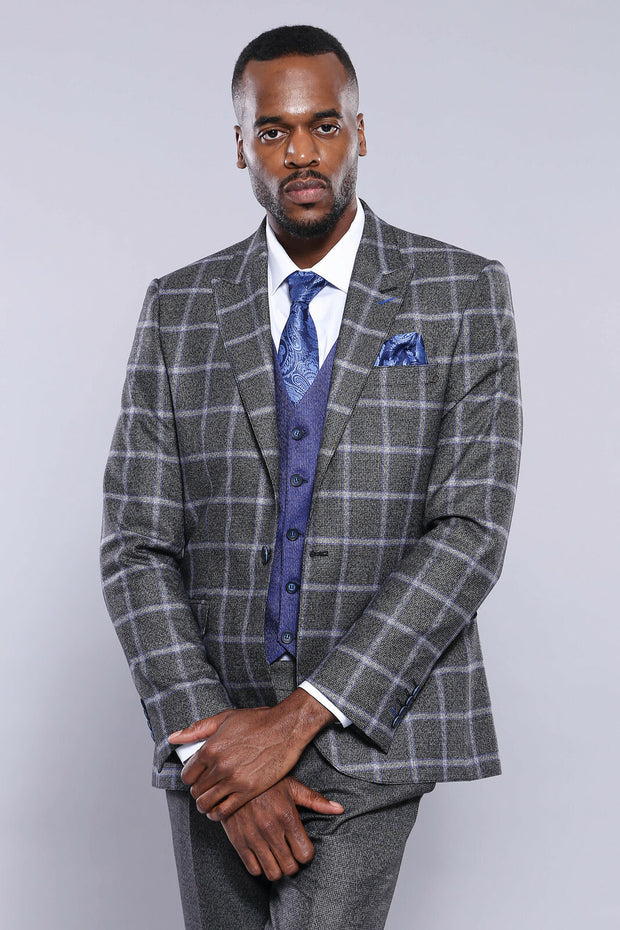 Grey Blue Checked Suit 3 Piece Suits, 3-piece-suit, 34, 36, 38, 40, 42, 44, 46, 48, Checked, Classic Blazer, Combined Suit, Modern Fit, Peak, Peak Lapel, Plaid, Slim Fit, Suit Suit3 Piece Sui