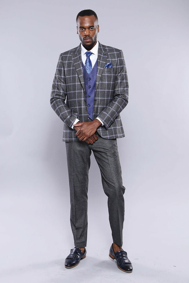 Grey Blue Checked Suit 3 Piece Suits, 3-piece-suit, 34, 36, 38, 40, 42, 44, 46, 48, Checked, Classic Blazer, Combined Suit, Modern Fit, Peak, Peak Lapel, Plaid, Slim Fit, Suit Suit3 Piece Sui