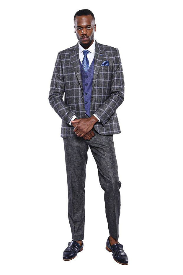 Grey Blue Checked Suit 3 Piece Suits, 3-piece-suit, 34, 36, 38, 40, 42, 44, 46, 48, Checked, Classic Blazer, Combined Suit, Modern Fit, Peak, Peak Lapel, Plaid, Slim Fit, Suit Suit3 Piece Sui