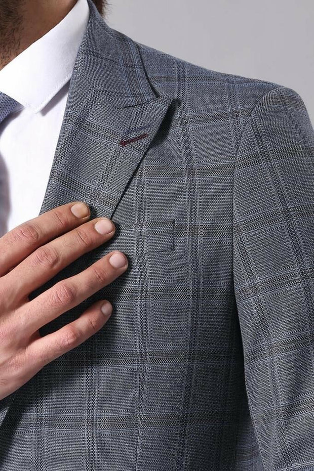 Grey Checked Men's Slim Fit Blazer | Wessi $50 - $100, 3-piece-suit, 40, 42, 6 Drop, Blue, Casual, Checked, Daily, Grey, Italian, Men's Blazers, Modern Fit, Navy Blue, Peak, Peak Lapel, Plaid