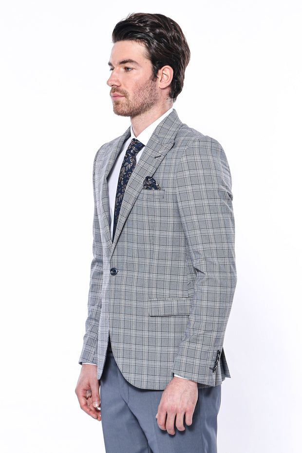 Grey Checked Slim-Fit Blazer 3-piece-suit, 34, 36, 38, 40, 42, 44, 46, 48, Blue, Checked, Men's Blazers, Modern Fit, Navy, Navy Blue, Peak, Peak Lapel, Plaid, Slim Fit, Slim Fit Blazers Men's