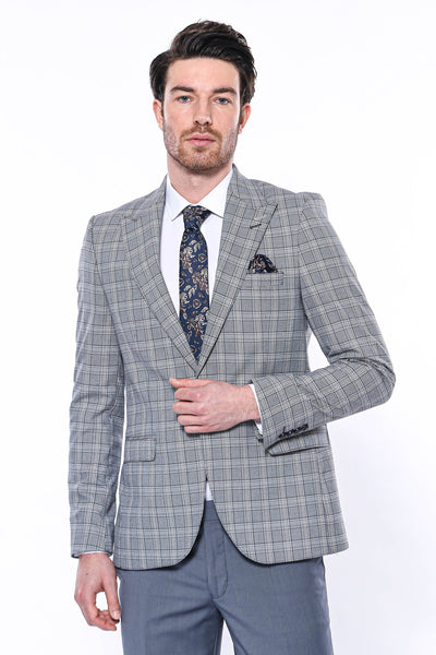 Grey Checked Slim-Fit Blazer 3-piece-suit, 34, 36, 38, 40, 42, 44, 46, 48, Blue, Checked, Men's Blazers, Modern Fit, Navy, Navy Blue, Peak, Peak Lapel, Plaid, Slim Fit, Slim Fit Blazers Men's